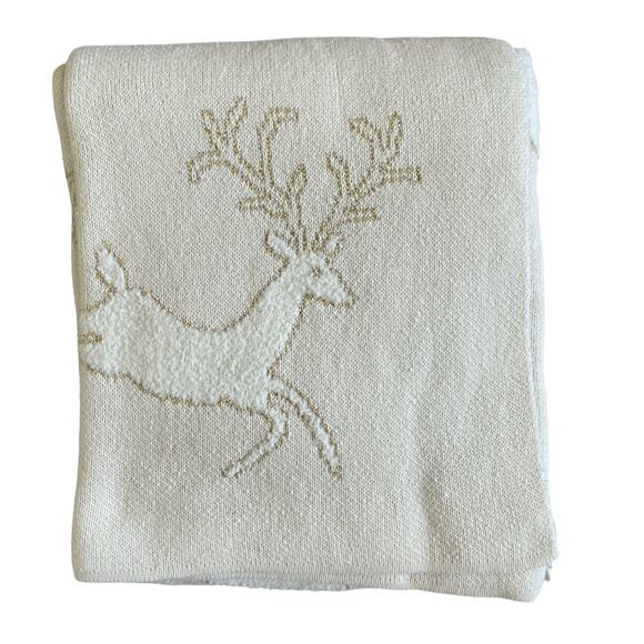 Magaschoni CHRISTMAS Reindeer Knit Holiday Throw 50x60 Holiday Cream & Gold New - Picture 8 of 14